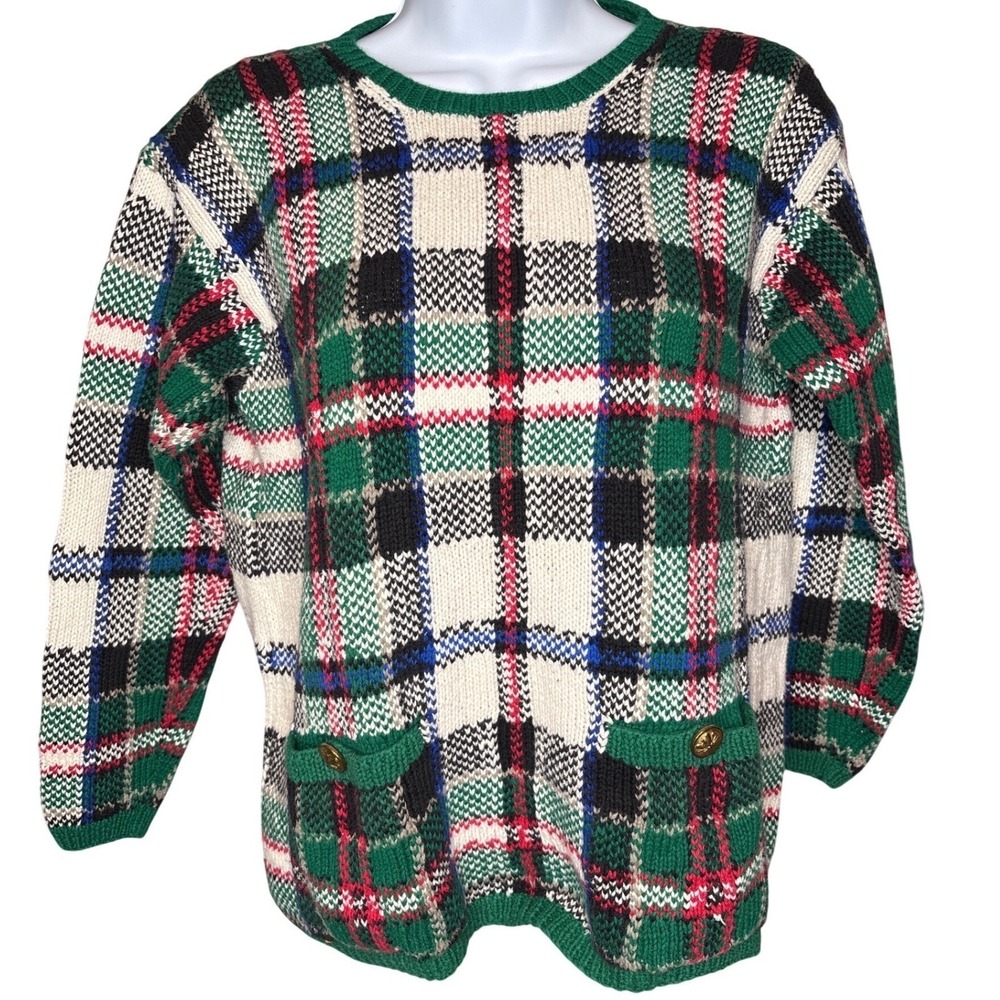 VTG 90s ADRIENNE VITTADINI‎ Green Plaid Sweater Sz M Heritage Academic Preppy